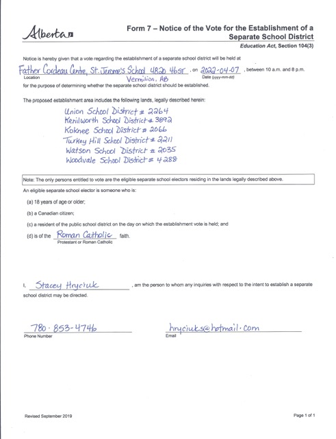 Separate School Formation Vote