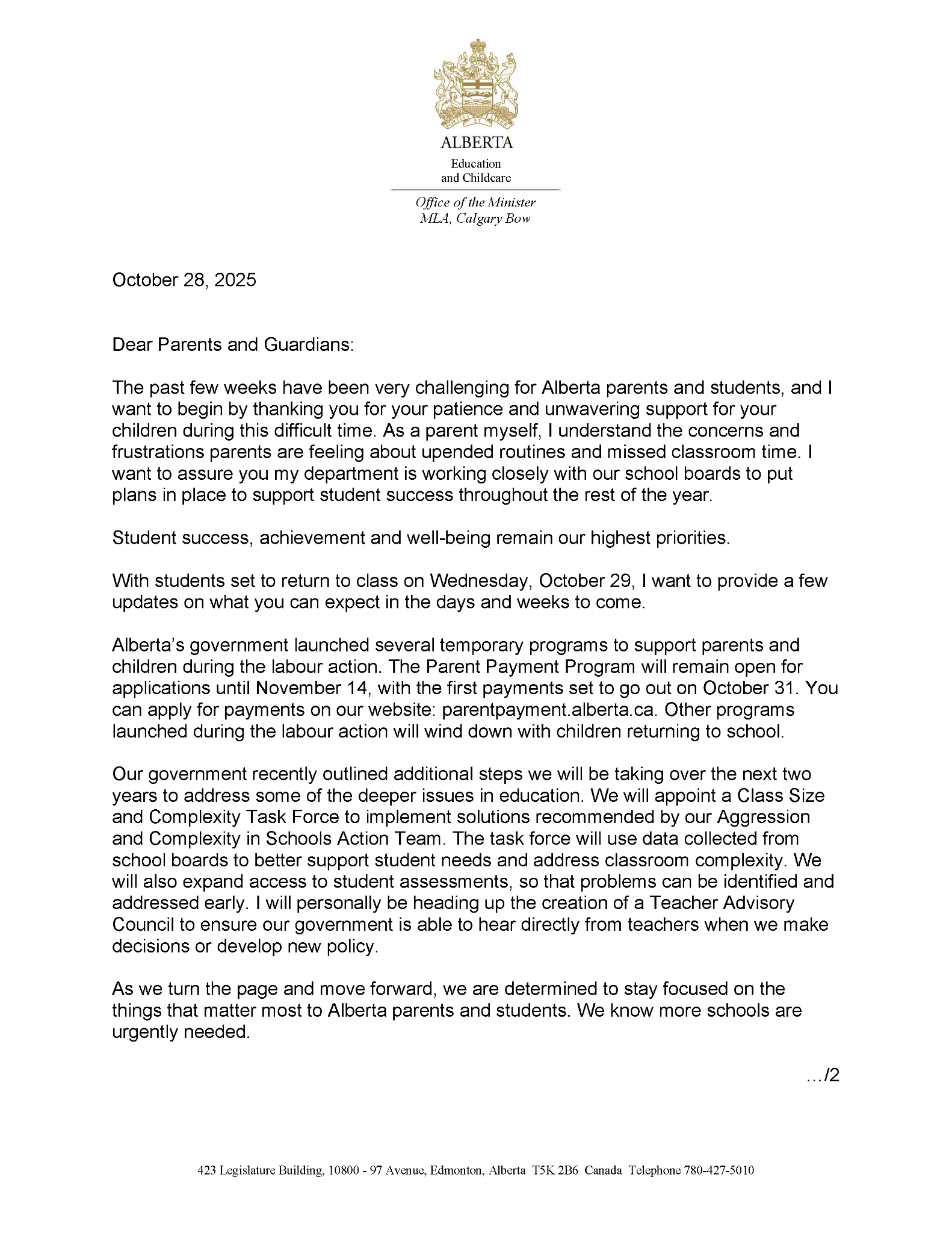 Letter from Minister of Education and Childcare October 28 2025 Page 1