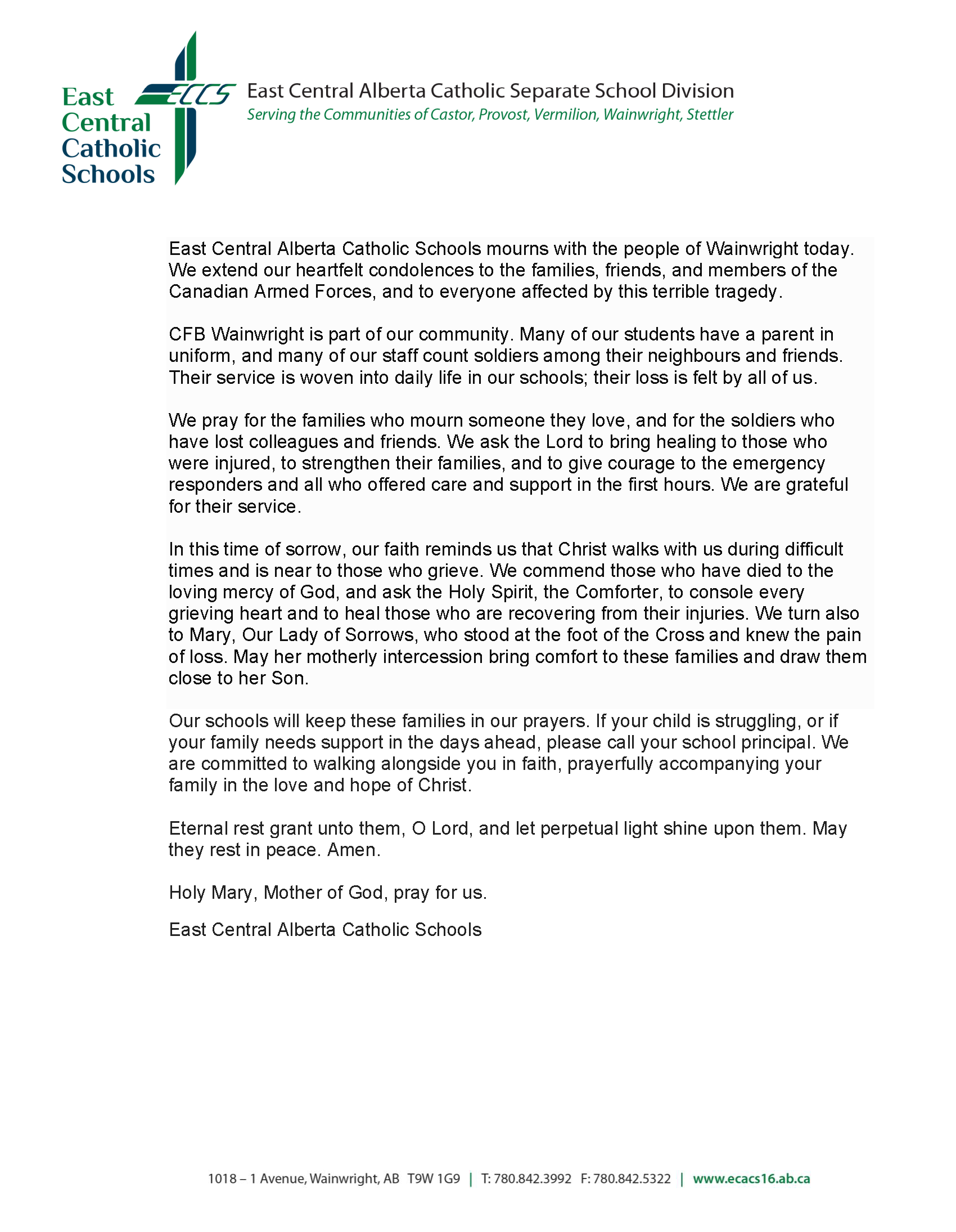 A Message of Condolence from East Central Catholic Schools Oct 18, 2026