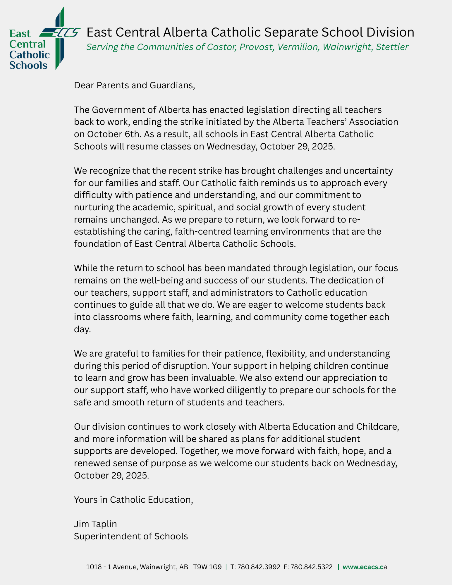 Information for Parents on October 29 Return