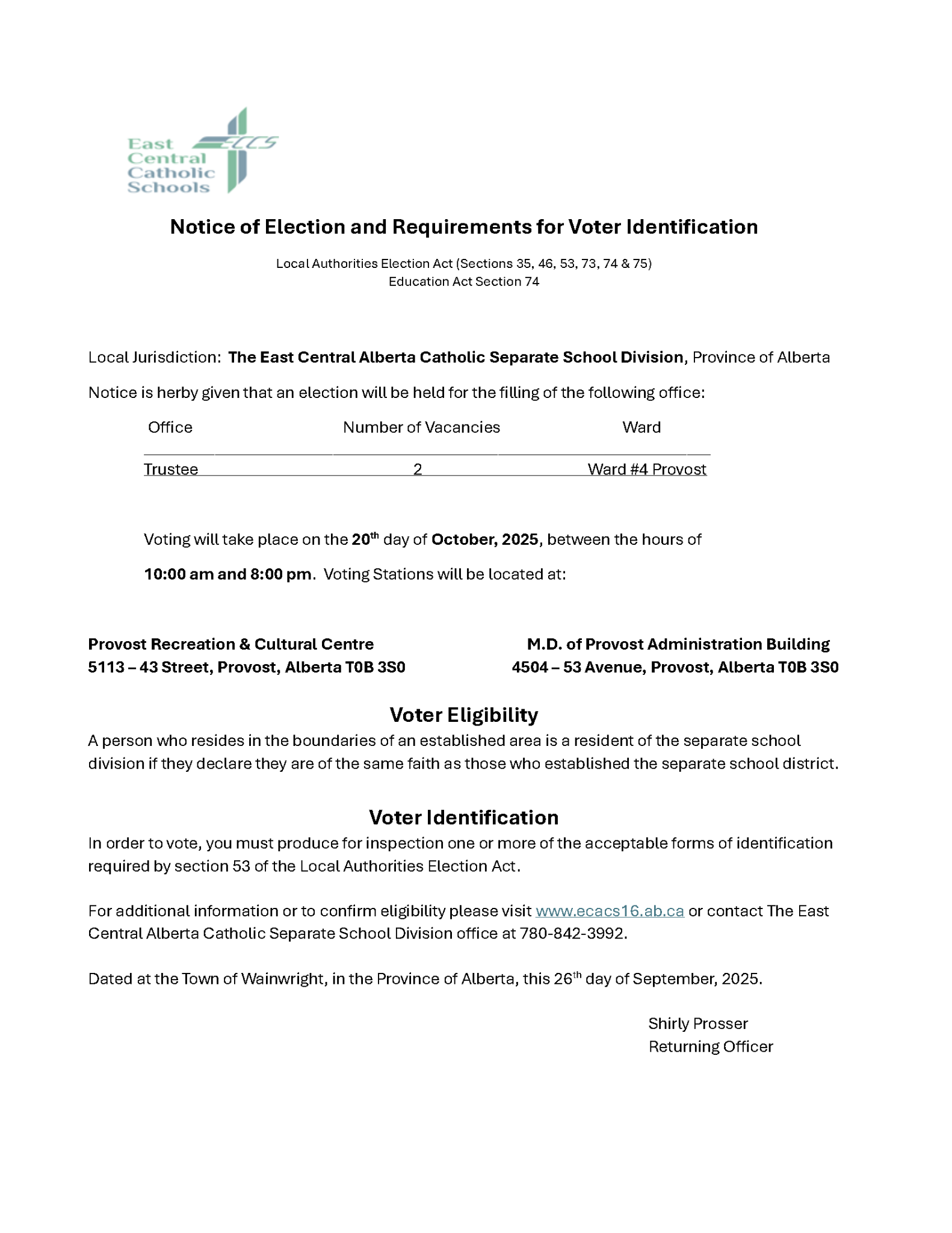 NOTICE OF ELECTION AND REQUIREMENTS FOR VOTER IDENTIFICATION