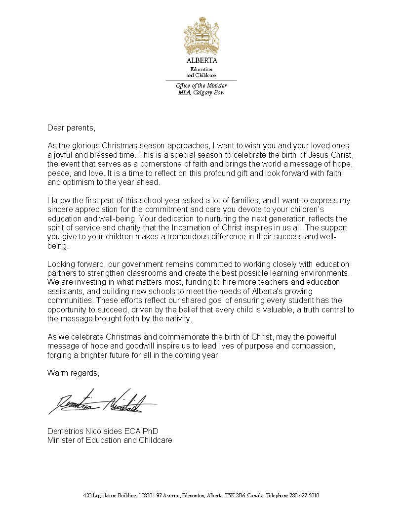 Minister's holiday greeting