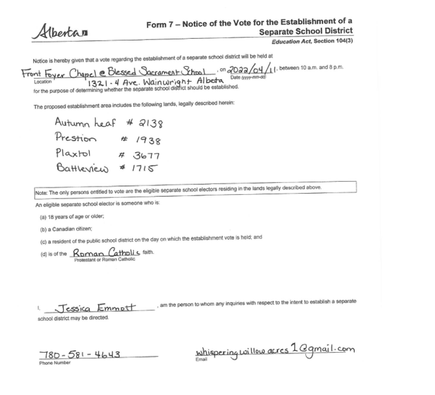 Notice Of Vote For Separate School Establishment April 11-2022