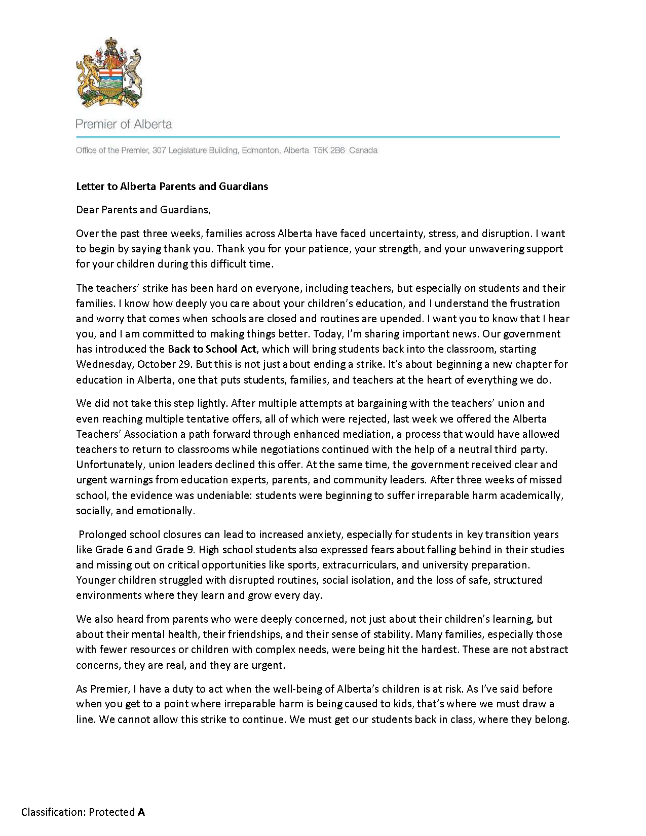 Premier Smith Letter to Parents Page 1