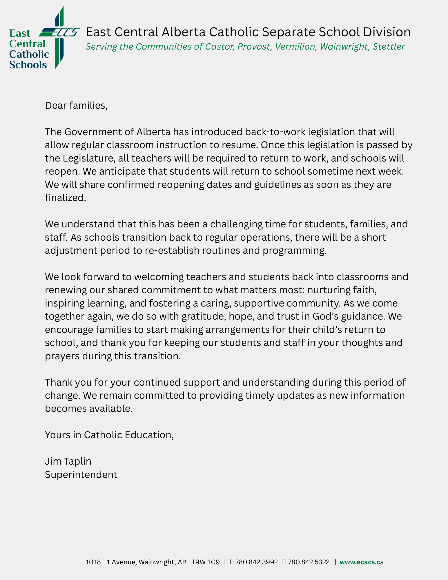 Important Update on School Reopening