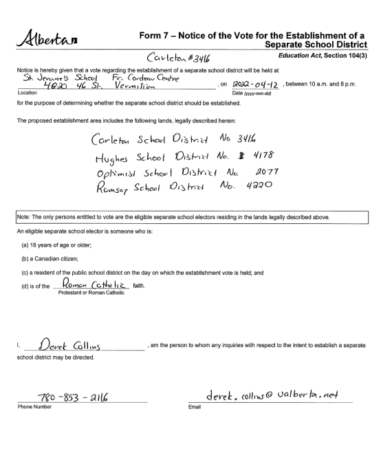 Notice Of Vote For Separate School Notice Of Vote For Separate School Establishment - April 12th April 11-2022
