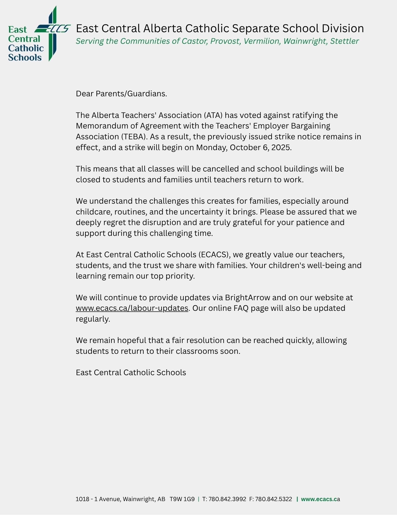 Labour Action Update Impact on ECACS Schools Sept 29