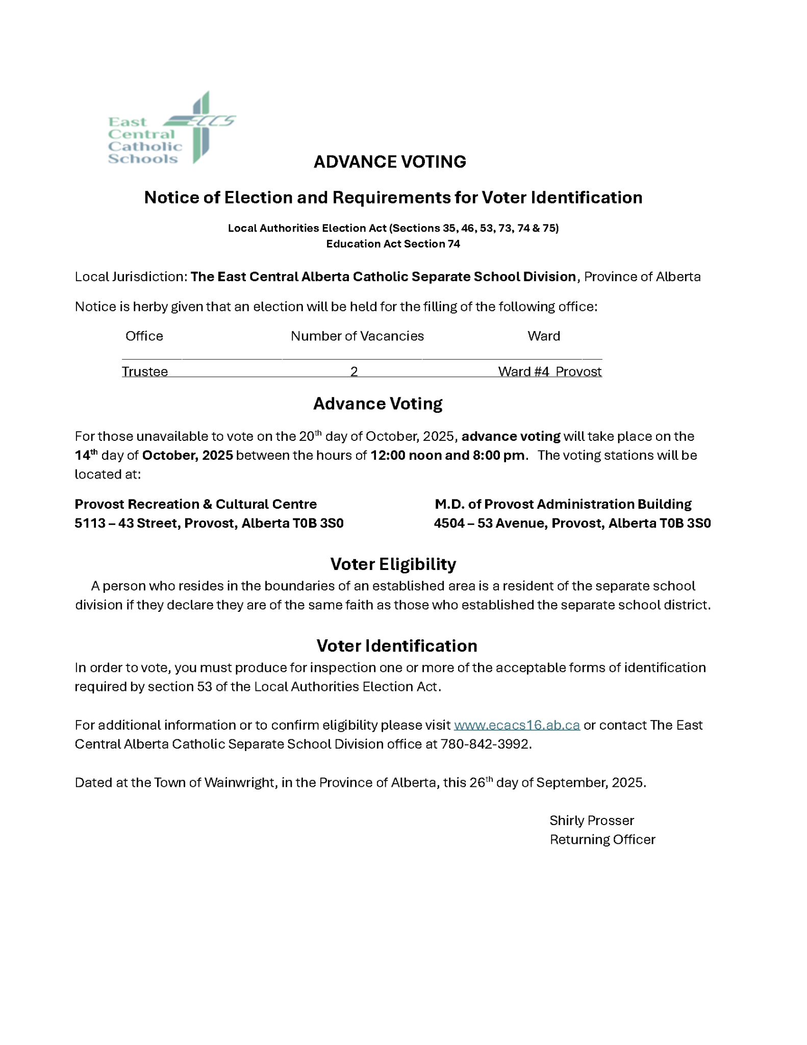 ADVANCE VOTING Notice of Election