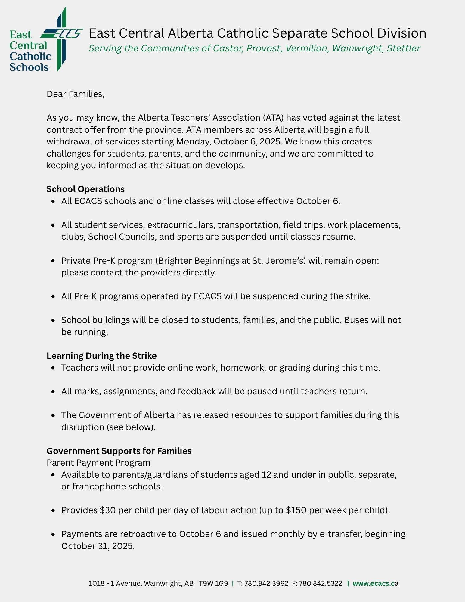 Important Update for ECACS Families Labour Action Starting Oct 6