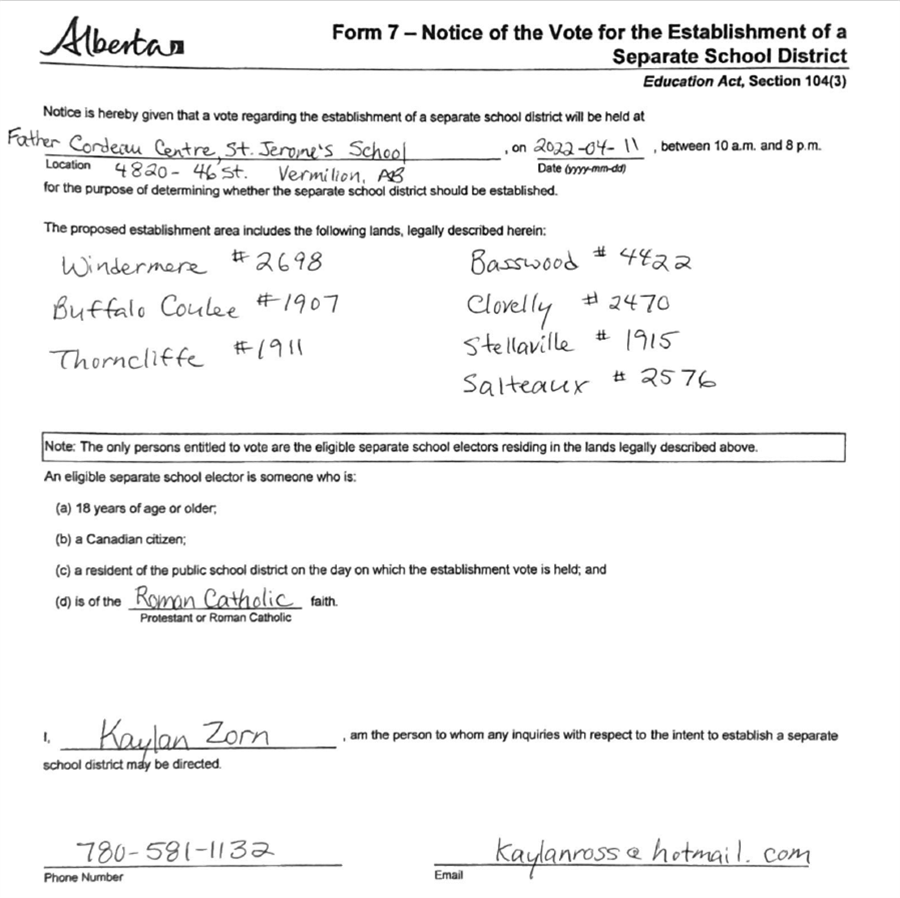 Notice Of Vote For Separate School Establishment April 11-2022