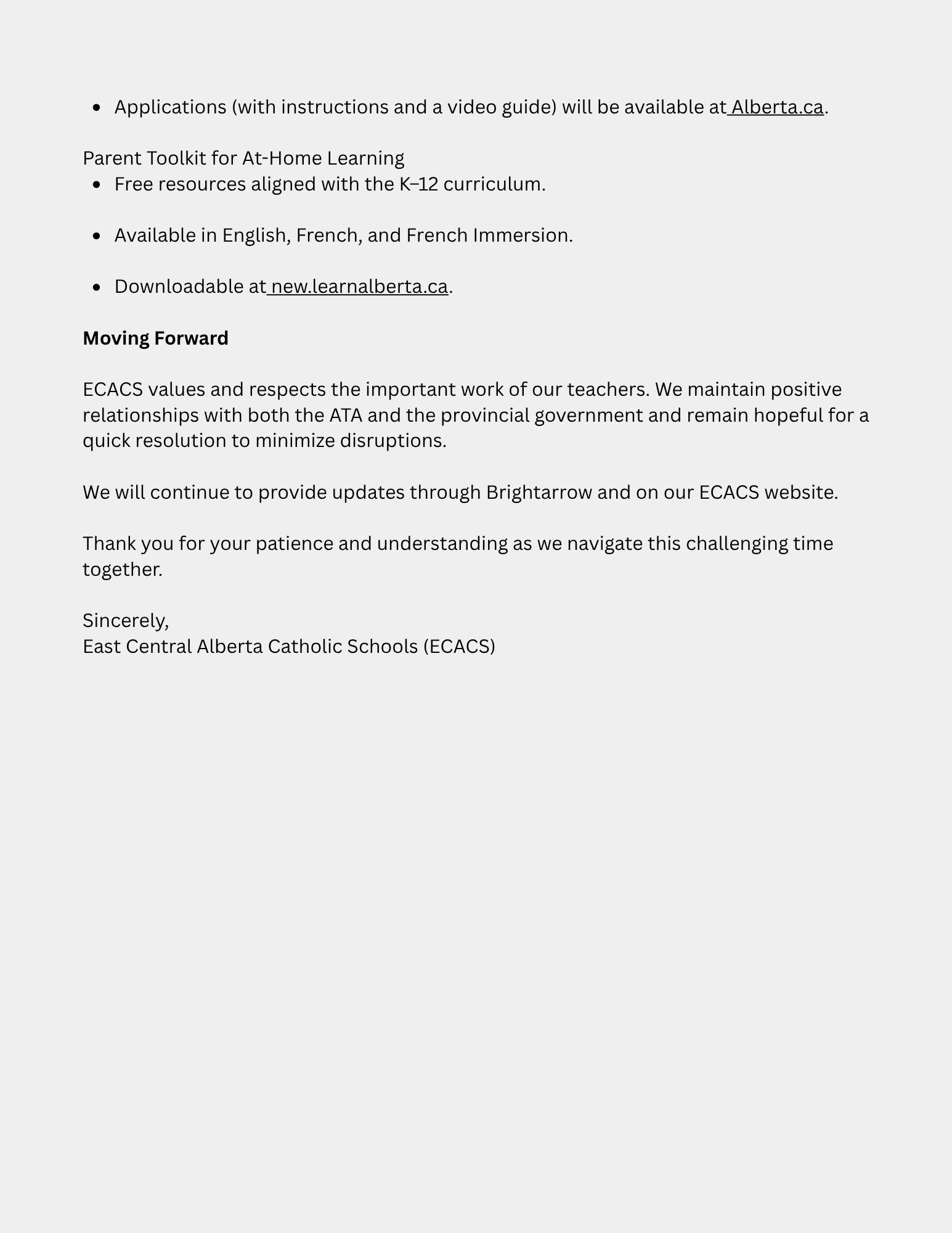 Important Update for ECACS Families Labour Action Starting Oct 6 2 2 